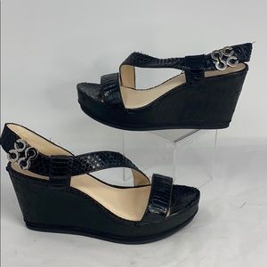 Coach Sz 8.5 Black Snakeskin Platform Wedge Sandals